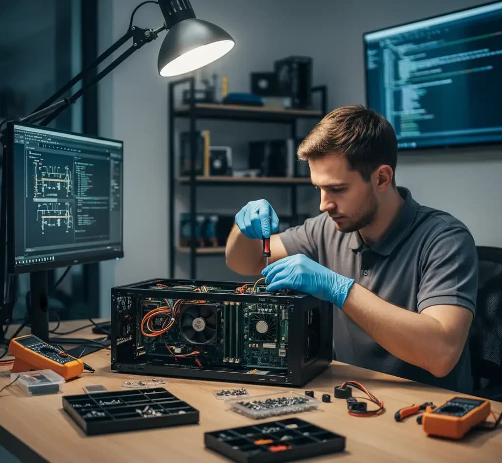 Техник ремонтира компютър
