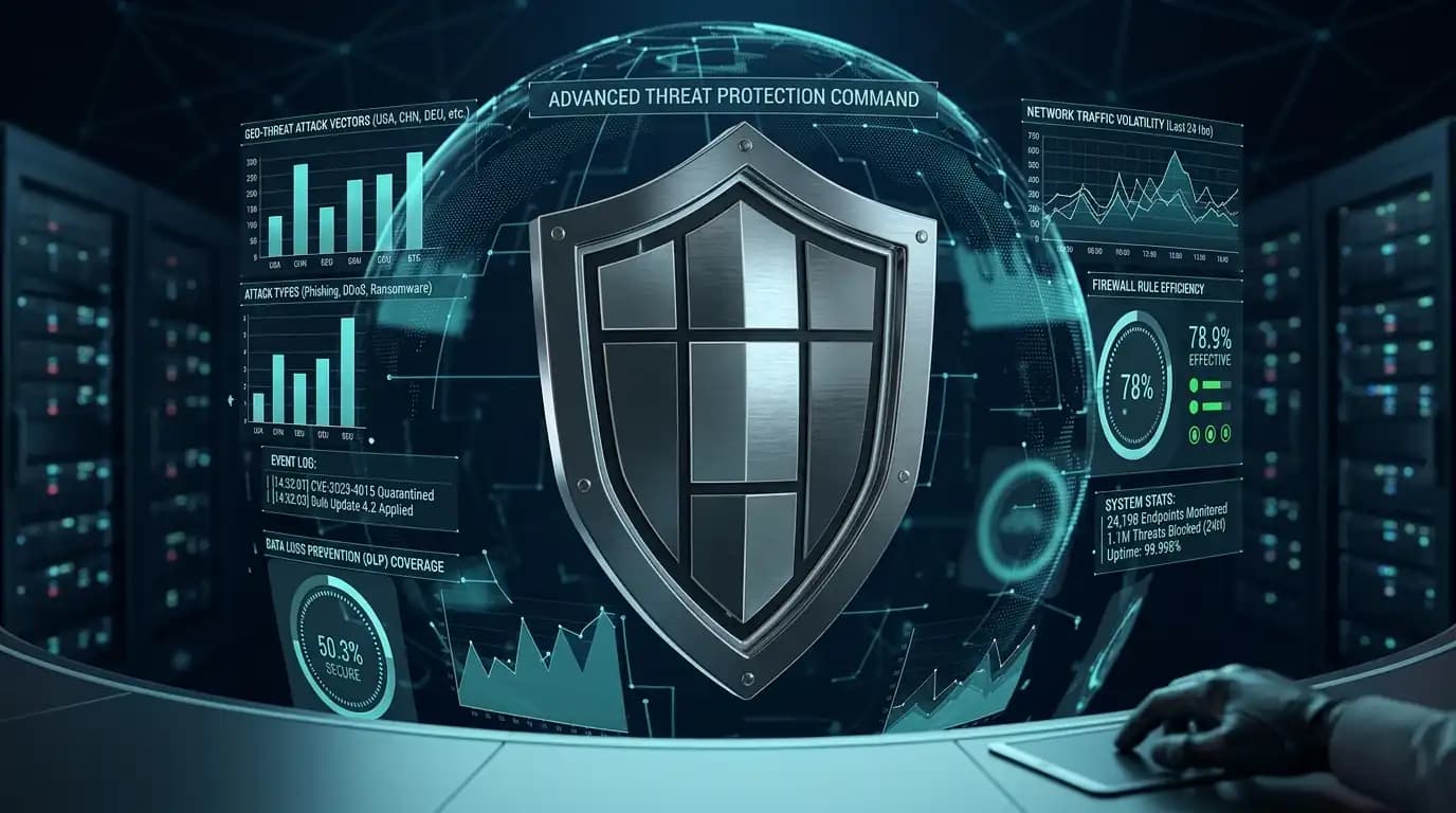 3D cyber security shield — аналитични графики за защитен сайт