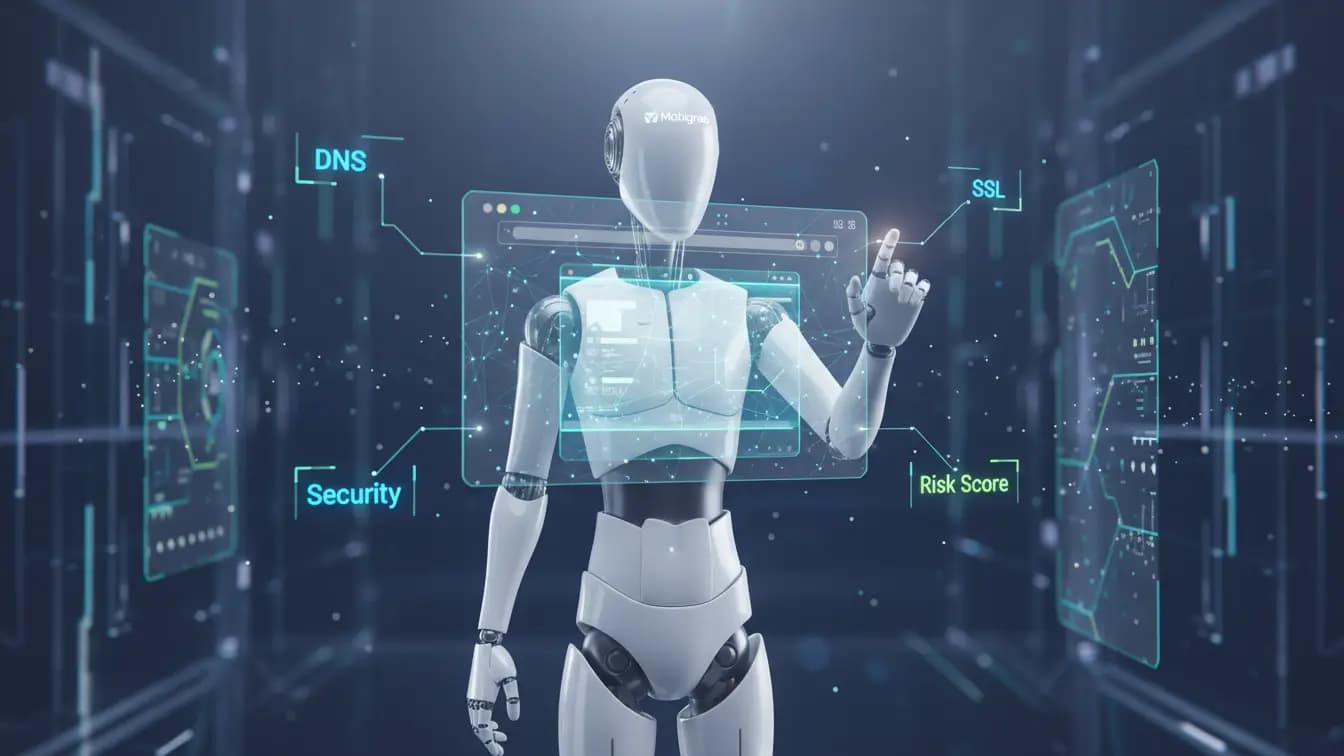 AI агент анализира холограма на уебсайт с DNS, SSL и security headers за оценка на риска и киберсигурност.