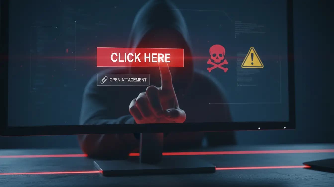 Човешка ръка с показалец, който е на милиметри от натискане на бутон "CLICK HERE" или отваряне на фишинг имейл.