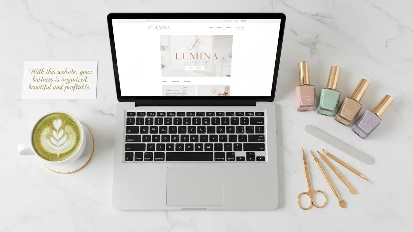 Изработка на уебсайт за маникюрист - демо проект Lumina Nails на екран на лаптоп, заобиколен от професионални инструменти и козметика.