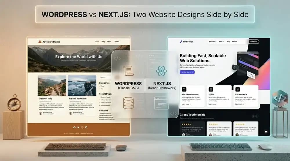 Сравнение на два уеб дизайна в офис среда. Отляво е класически WordPress блог 'Adventure Diaries' със земни цветове, а отдясно – модерен Next.js корпоративен сайт 'PixelForge' в сини тонове. В средата има прозрачен графичен елемент, разделящ технологиите: WordPress като класически CMS с икона на база данни и Next.js като React Framework с икона на код. И двата екрана са показани като таблети, поставени на бюра с клавиатури пред тях.