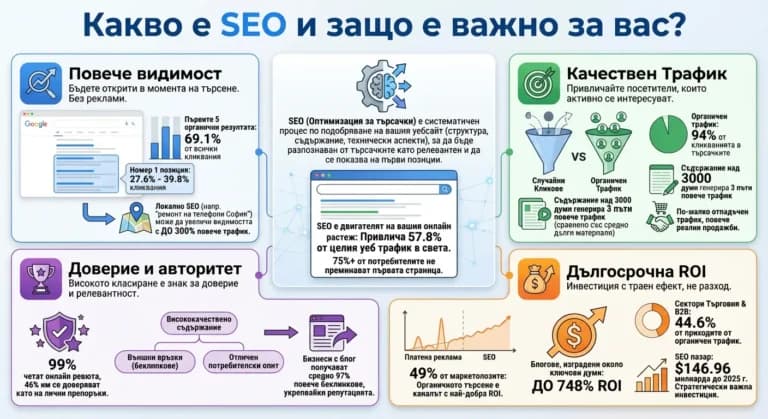 SEO услуги инфографика — 4 ключови предимства: видимост, трафик, доверие, ROI