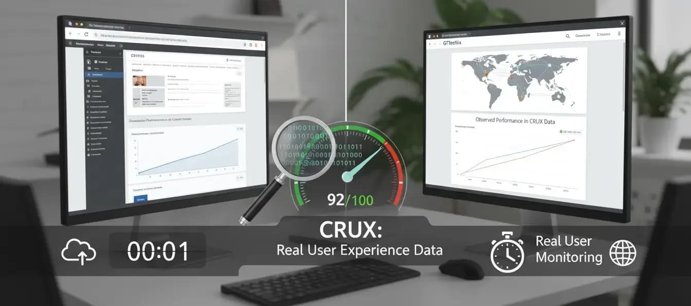 Сравнение Lighthouse vs GTmetrix на два монитора, показващо графики на производителност, CrUX данни и индикатор за скорост 92/100.