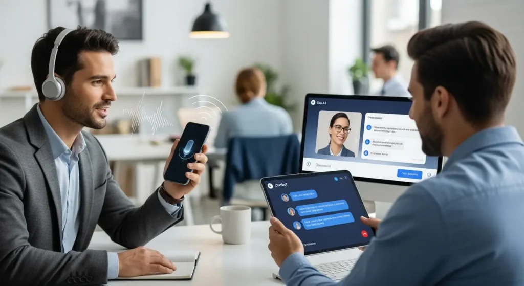 Мъж и жена използват мобилен телефон с AI асистент, показващ интеграция на изкуствен интелект в устройство.