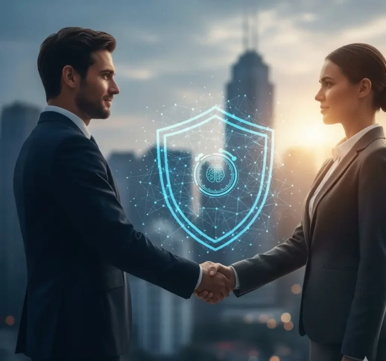 Двама бизнес партньори се ръкуват на фона на градски пейзаж, със светещ син щит, символизиращ защита и надеждност