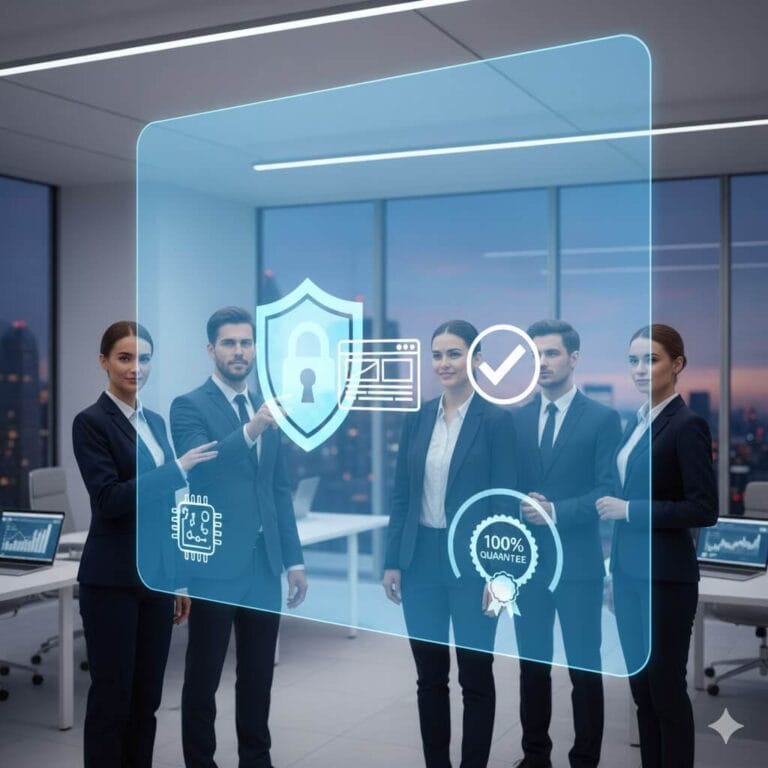 Бизнес екип стои пред холограмен екран с икони за сигурност, дигитални проекти и 100% гаранция за качество.