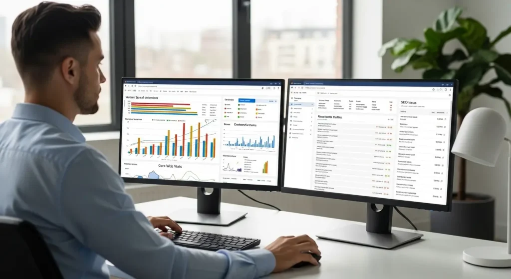 marketing expert analyzing website audit report on dual monitors