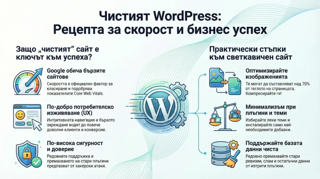 Инфографика на тема Чист WordPress сайт : Рецепта за скорост и бизнес успех" с практически стълбове за SEO, UX, сигурност и оптимизация.