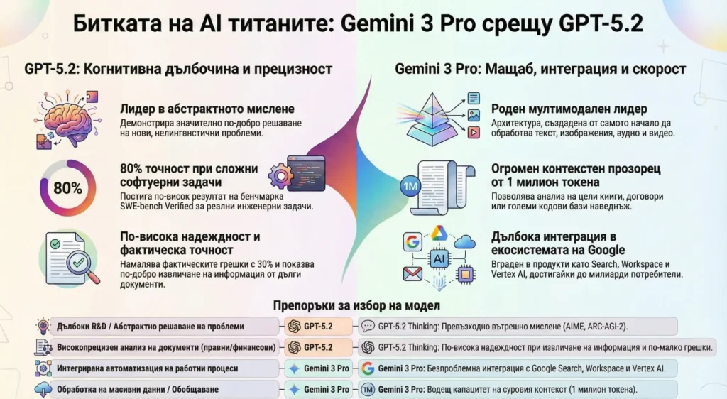 Инфографика сравняваща AI моделите GPT-5.2 и Gemini 3 Pro. Графиката показва GPT-5.2 като лидер в когнитивната дълбочина и писането на код (80% точност), докато Gemini 3 Pro доминира в мащаба, мултимодалността и интеграцията с Google екосистемата. Включва таблица с препоръки за избор на модел.
