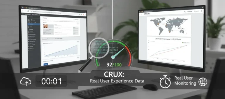 Сравнение Lighthouse vs GTmetrix на два монитора, показващо графики на производителност, CrUX данни и индикатор за скорост 92/100.
