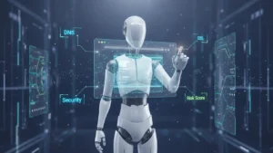 AI агент анализира холограма на уебсайт с DNS, SSL и security headers за оценка на риска и киберсигурност.