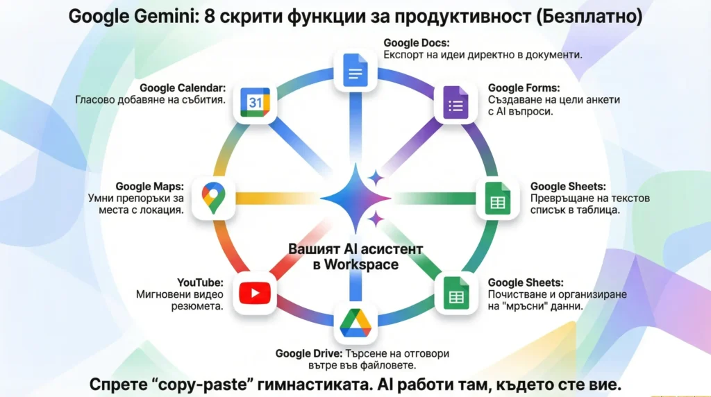 Инфографика, илюстрираща 8 безплатни функции на Google Gemini за продуктивност, показваща интеграцията му с Google Docs, Sheets, Drive, YouTube, Maps и Calendar.
