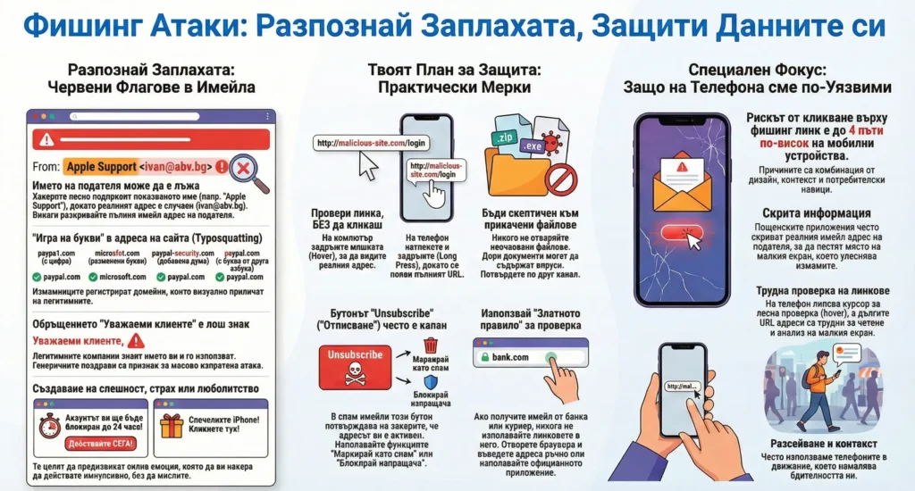 Инфогарфика предоставяща информация за разпознаване на червени флагове в имейли, практически мерки за защита от фишинг.